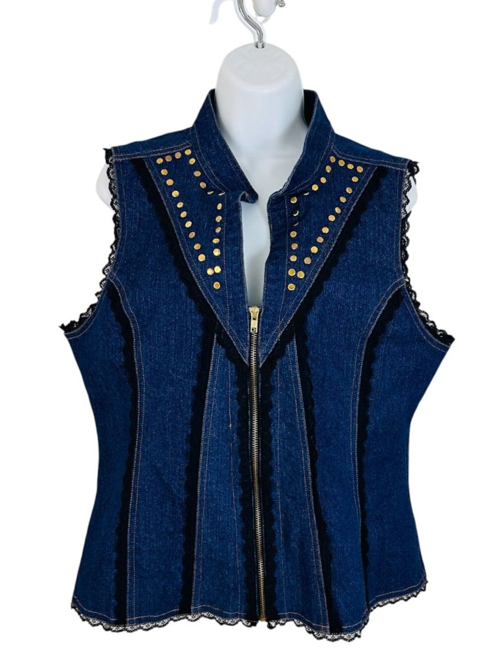 The Pyramid Collection Women's Size L Denim Zip Studs Lace Blue Black Vest
